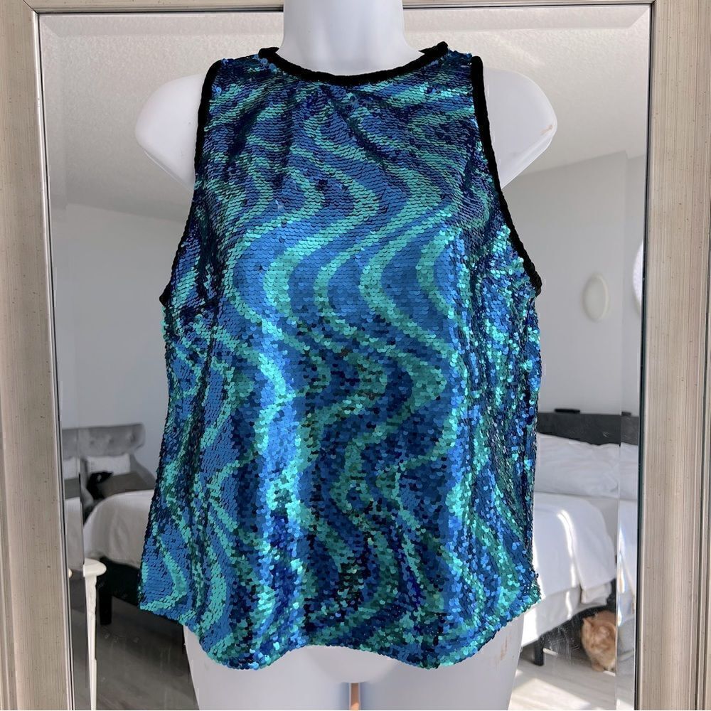 ZARA WOMAN SEQUINNED TOP WITH TRIMS BLUE / GREEN SIZE M.